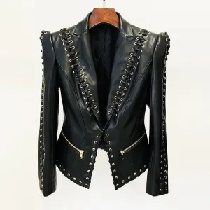 Chic Eyelet-Detail Faux Leather Blazer for Effortless Elegance
