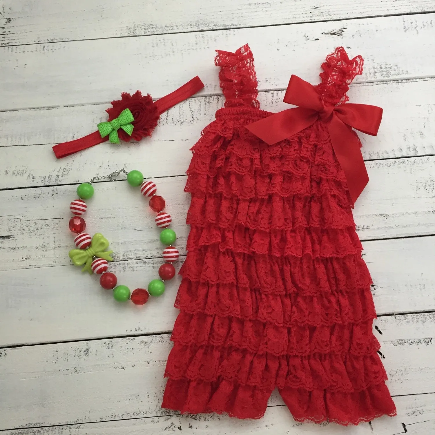 Christmas Red Lace Petti Romper and optional necklace