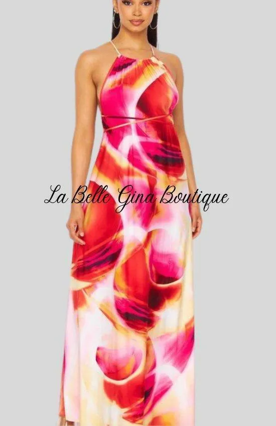 Clara Sleeveless Halter Maxi Dress-Fuchsia