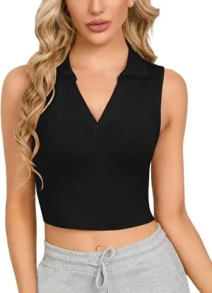 CLOZOZ Womens Tank Tops Polo Crop Top V Neck Ribbed Sleeveless Tops Collar Shirts Womens Crop Tops Polo Cropped Tank Trendy