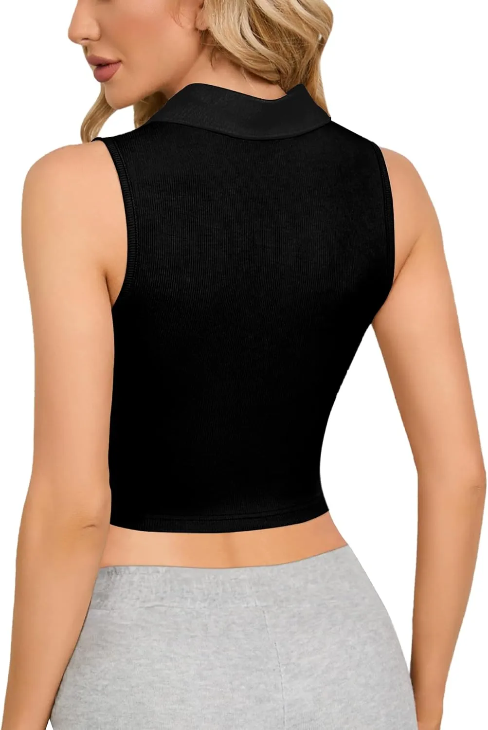 CLOZOZ Womens Tank Tops Polo Crop Top V Neck Ribbed Sleeveless Tops Collar Shirts Womens Crop Tops Polo Cropped Tank Trendy