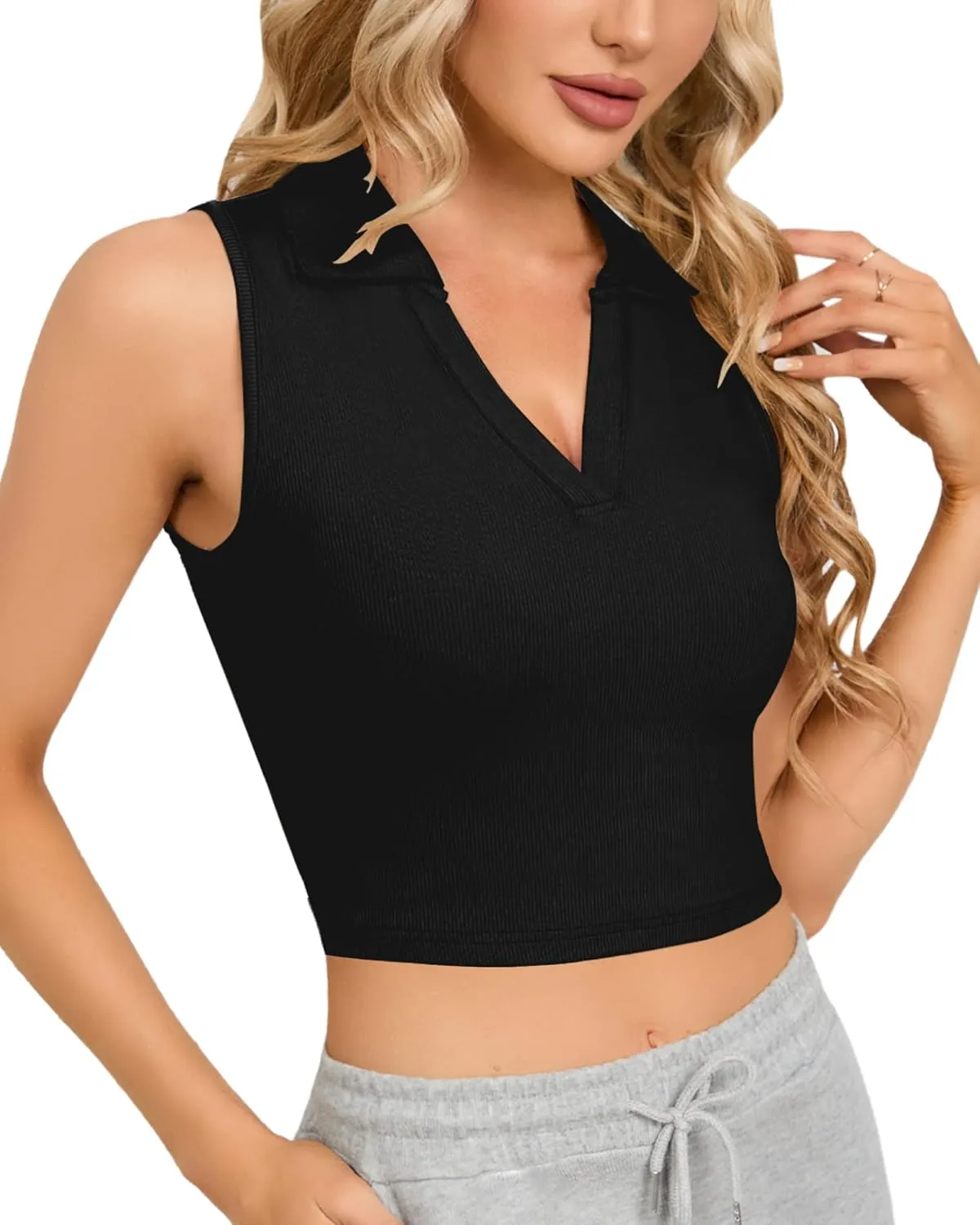 CLOZOZ Womens Tank Tops Polo Crop Top V Neck Ribbed Sleeveless Tops Collar Shirts Womens Crop Tops Polo Cropped Tank Trendy