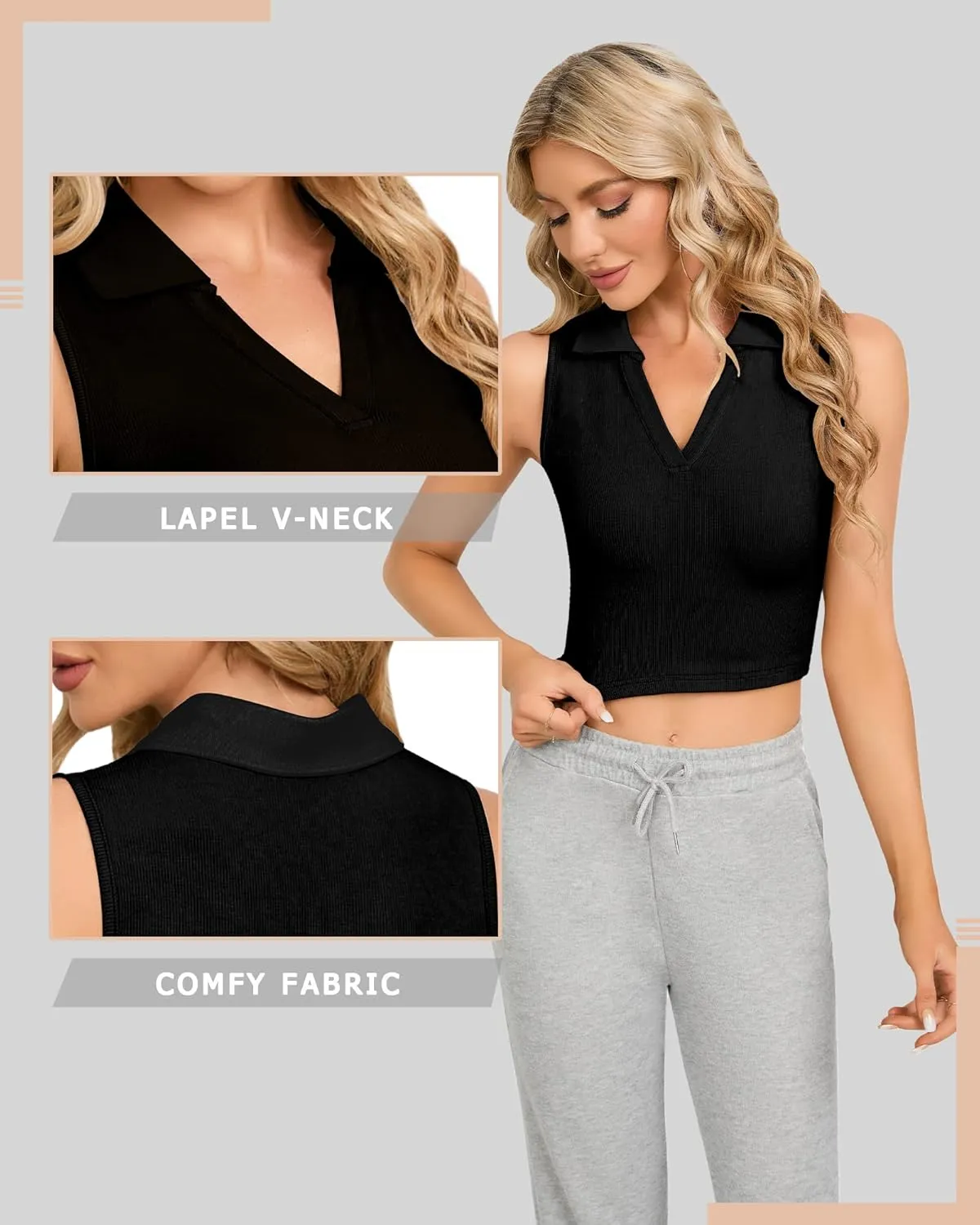 CLOZOZ Womens Tank Tops Polo Crop Top V Neck Ribbed Sleeveless Tops Collar Shirts Womens Crop Tops Polo Cropped Tank Trendy