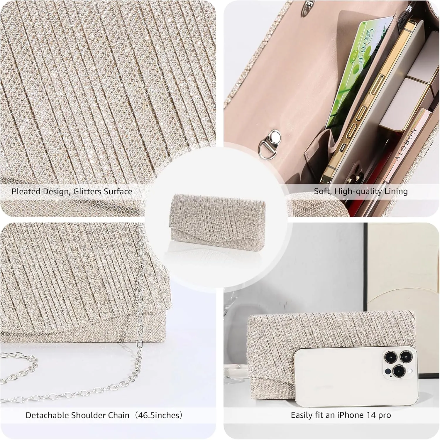 Clutch Purses for Women Formal Evening Bag Handbags for Wedding Party Sparkly Cocktail Clutch Crossbody Shoulder Bag