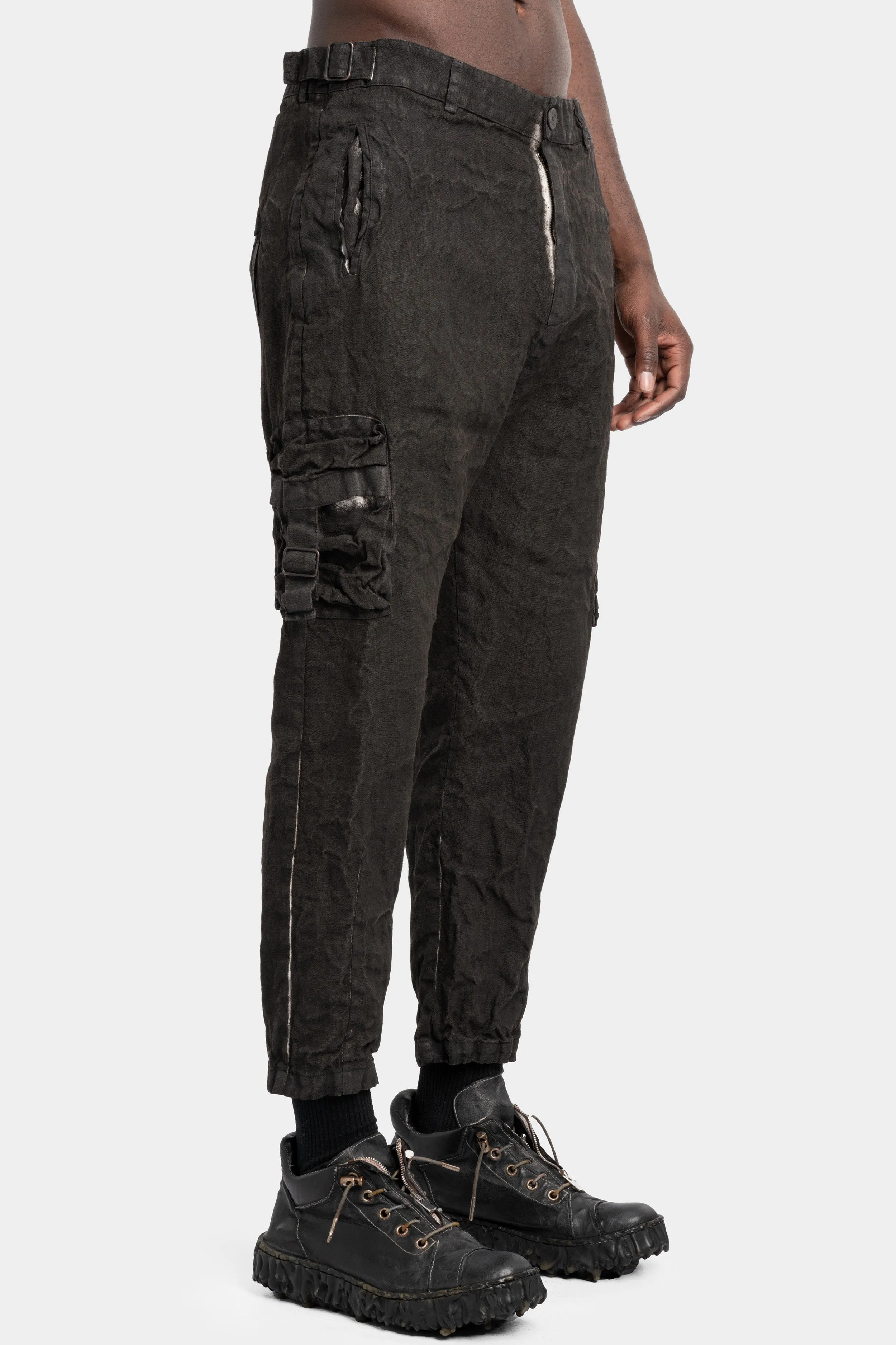 Coated cropped linen pants, Dark brown