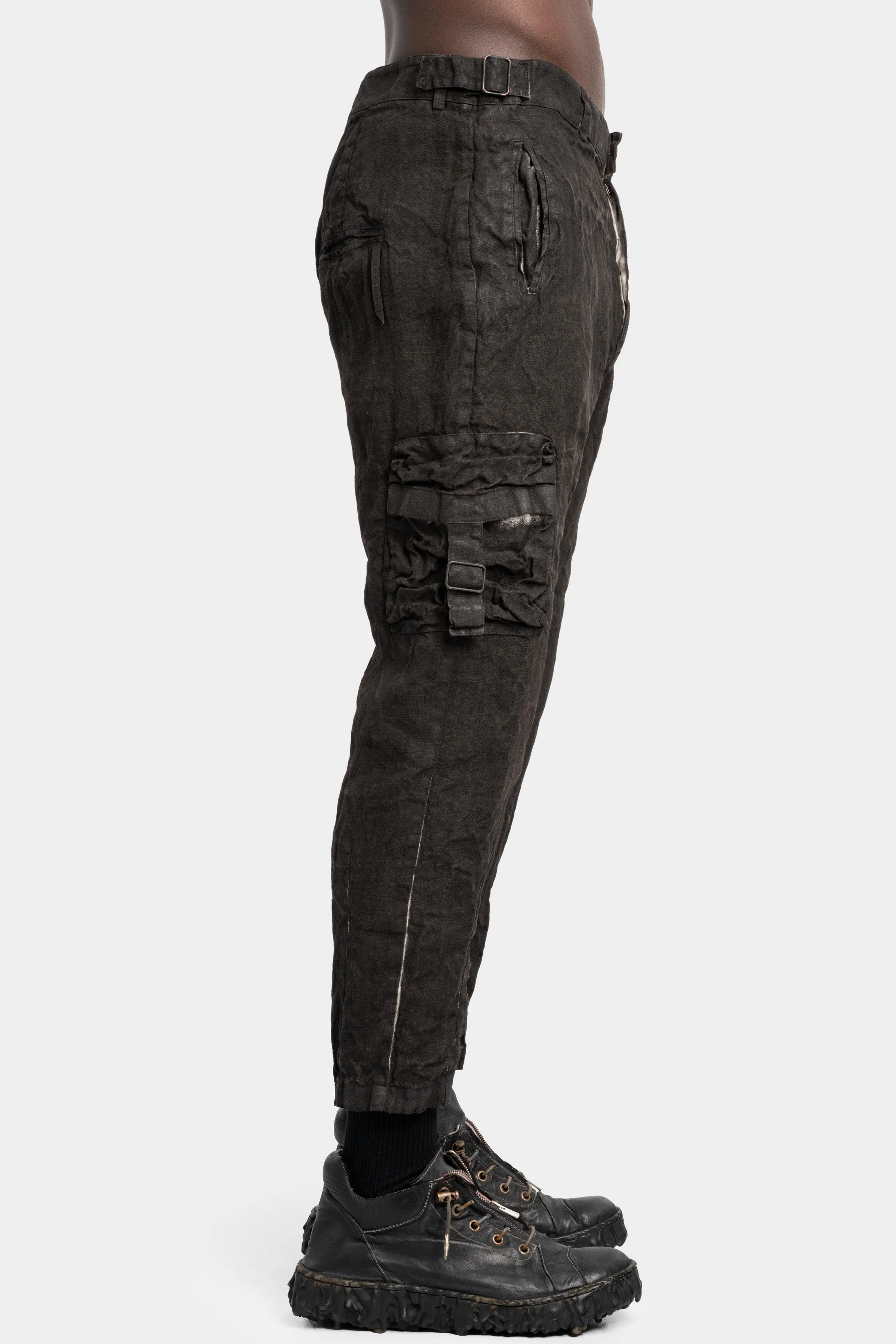 Coated cropped linen pants, Dark brown