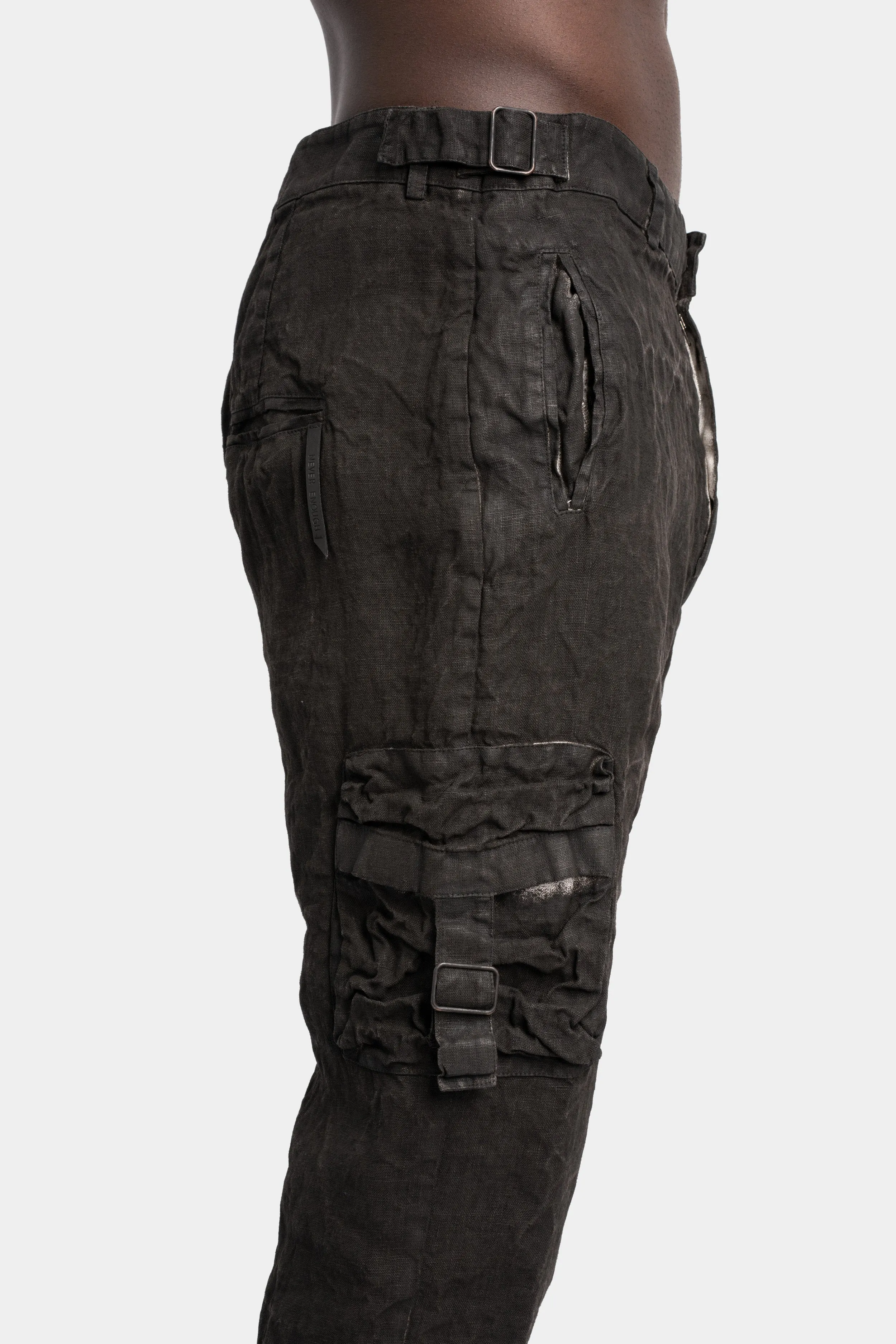 Coated cropped linen pants, Dark brown