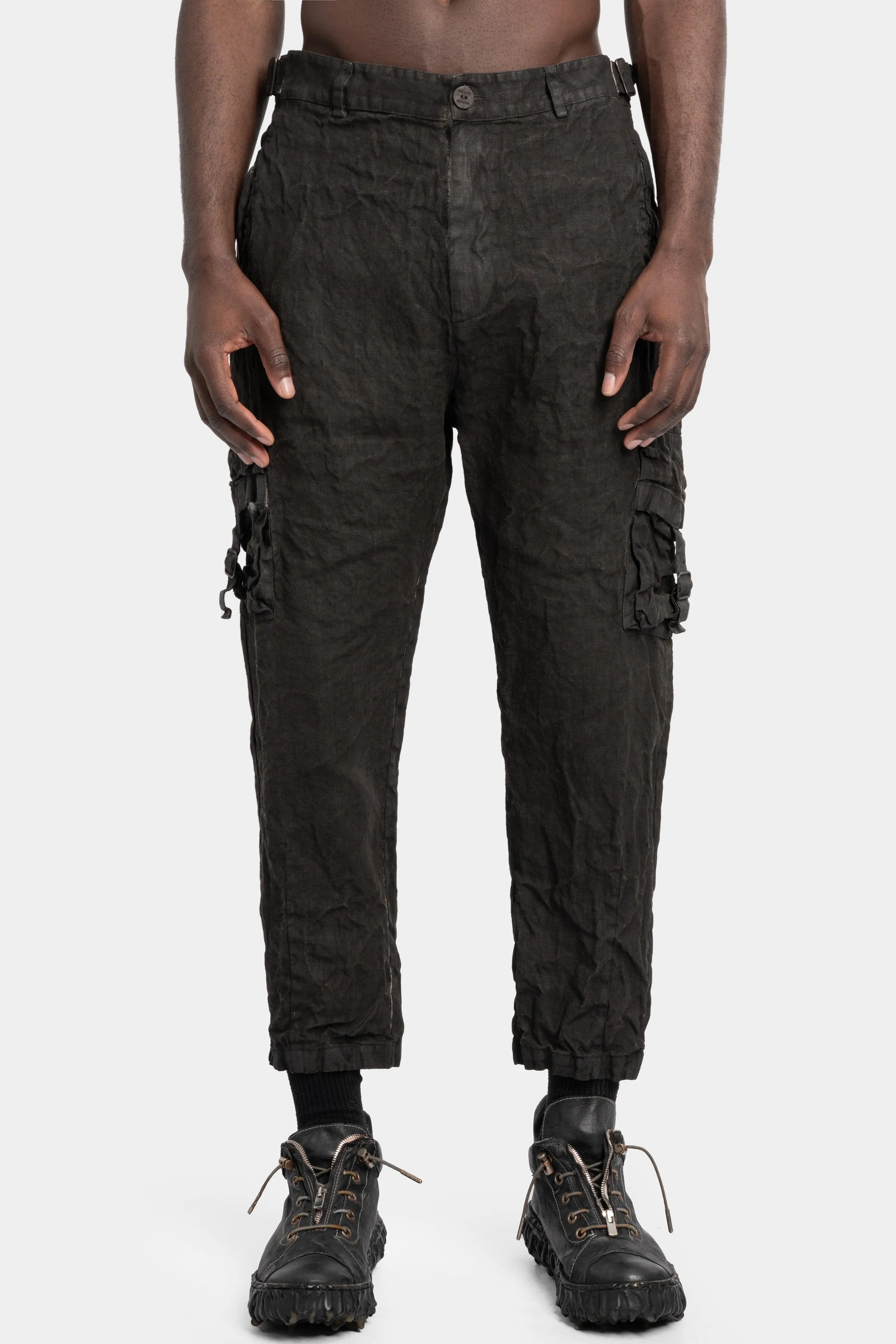Coated cropped linen pants, Dark brown