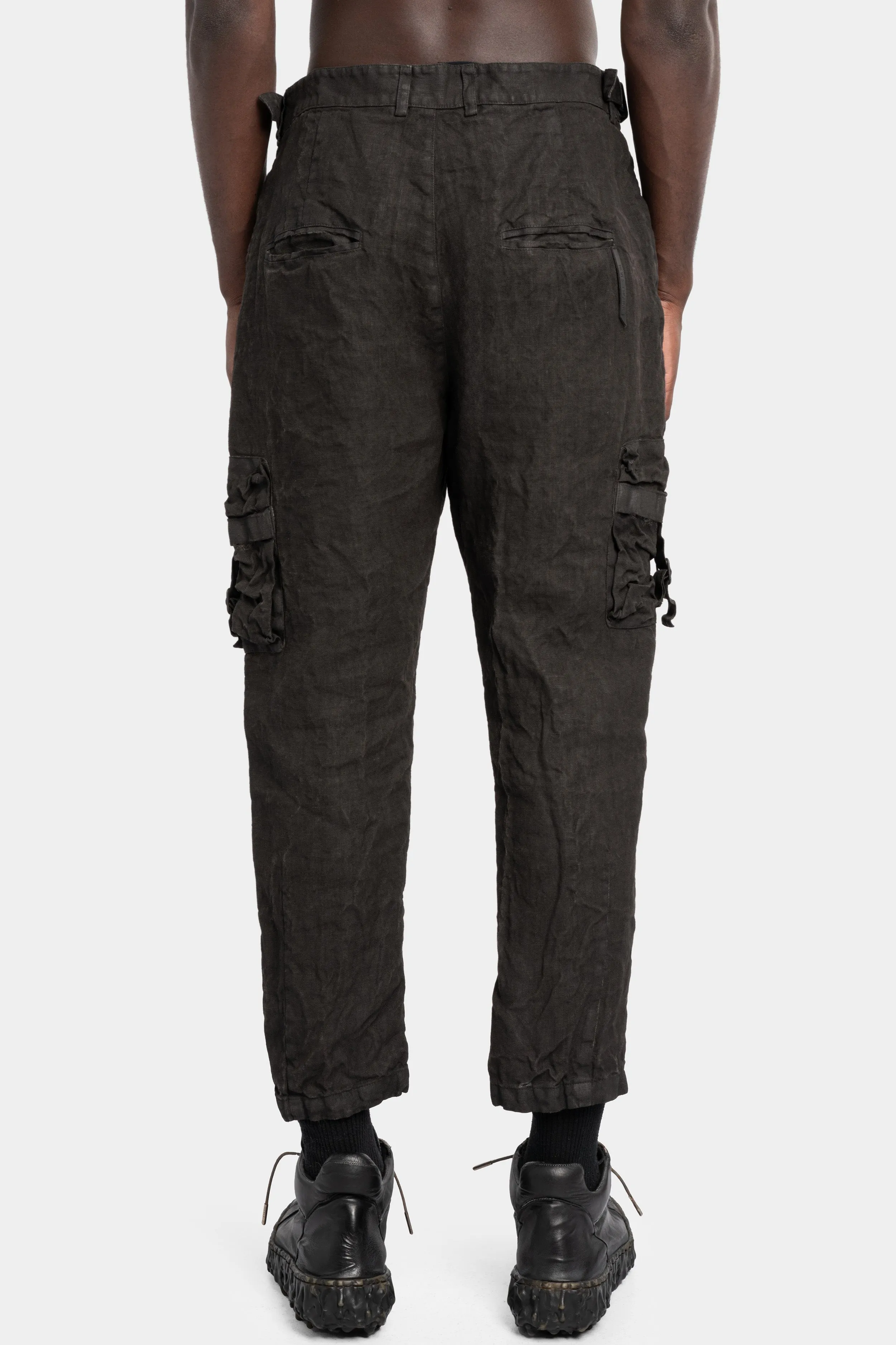 Coated cropped linen pants, Dark brown