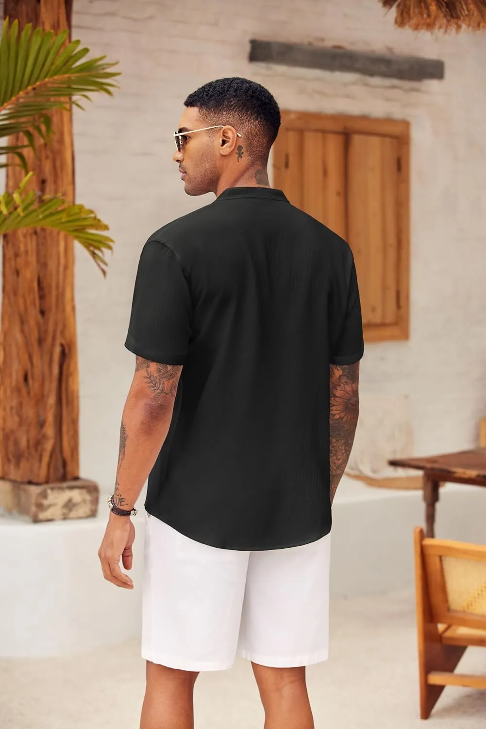 COOFANDY Men's Casual Henley Shirt Short Sleeve Summer Shirts Linen Band Collar Summer Beach Hippie T-Shirts