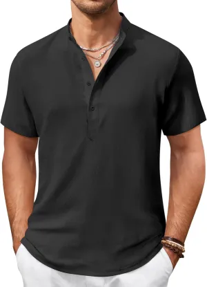 COOFANDY Men's Casual Henley Shirt Short Sleeve Summer Shirts Linen Band Collar Summer Beach Hippie T-Shirts