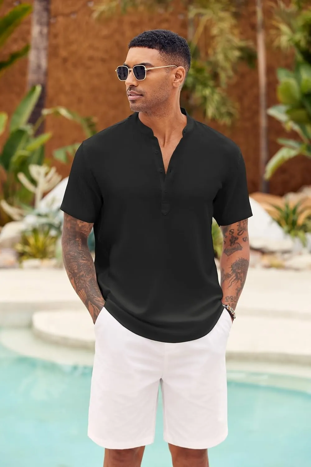 COOFANDY Men's Casual Henley Shirt Short Sleeve Summer Shirts Linen Band Collar Summer Beach Hippie T-Shirts