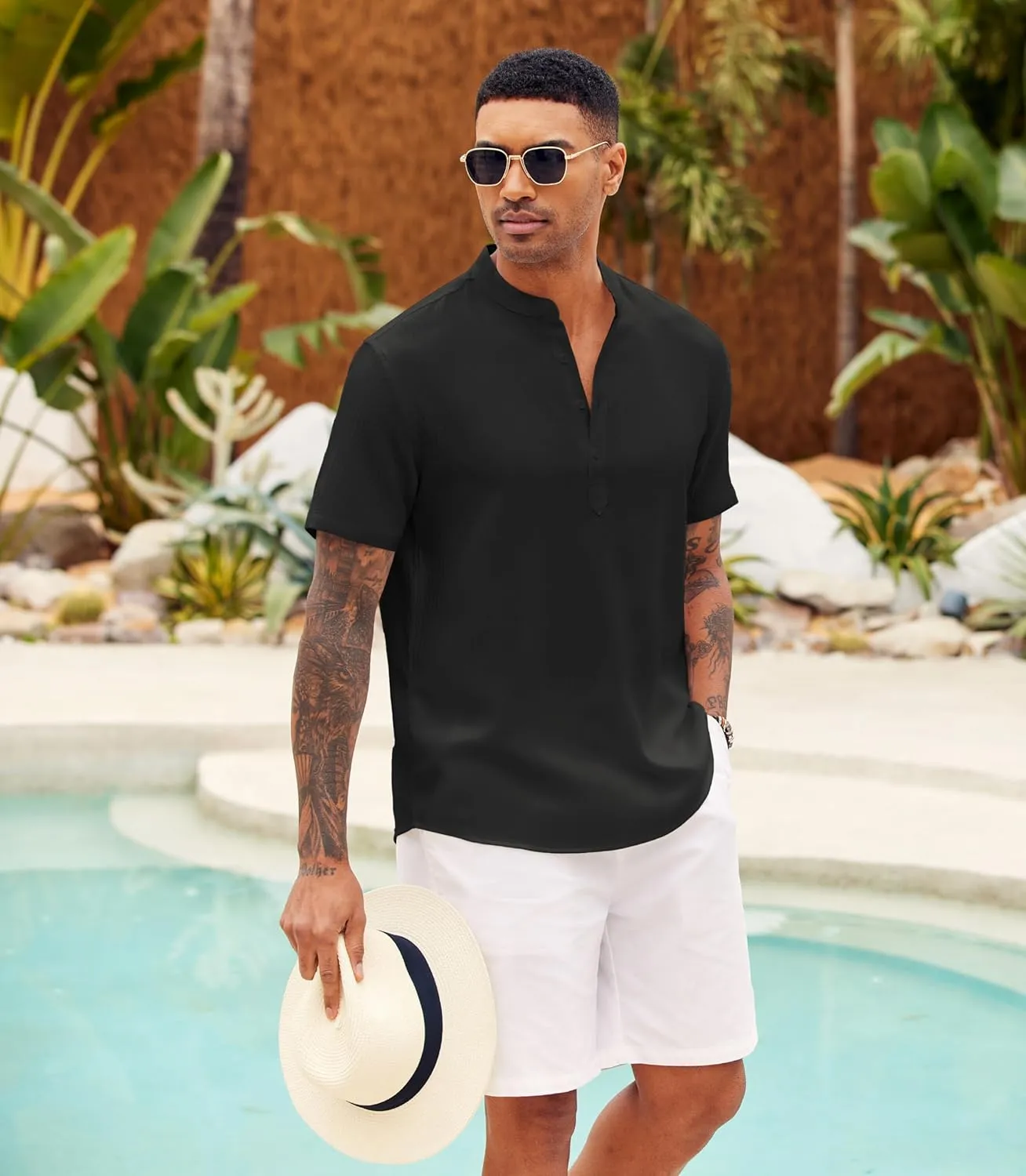 COOFANDY Men's Casual Henley Shirt Short Sleeve Summer Shirts Linen Band Collar Summer Beach Hippie T-Shirts