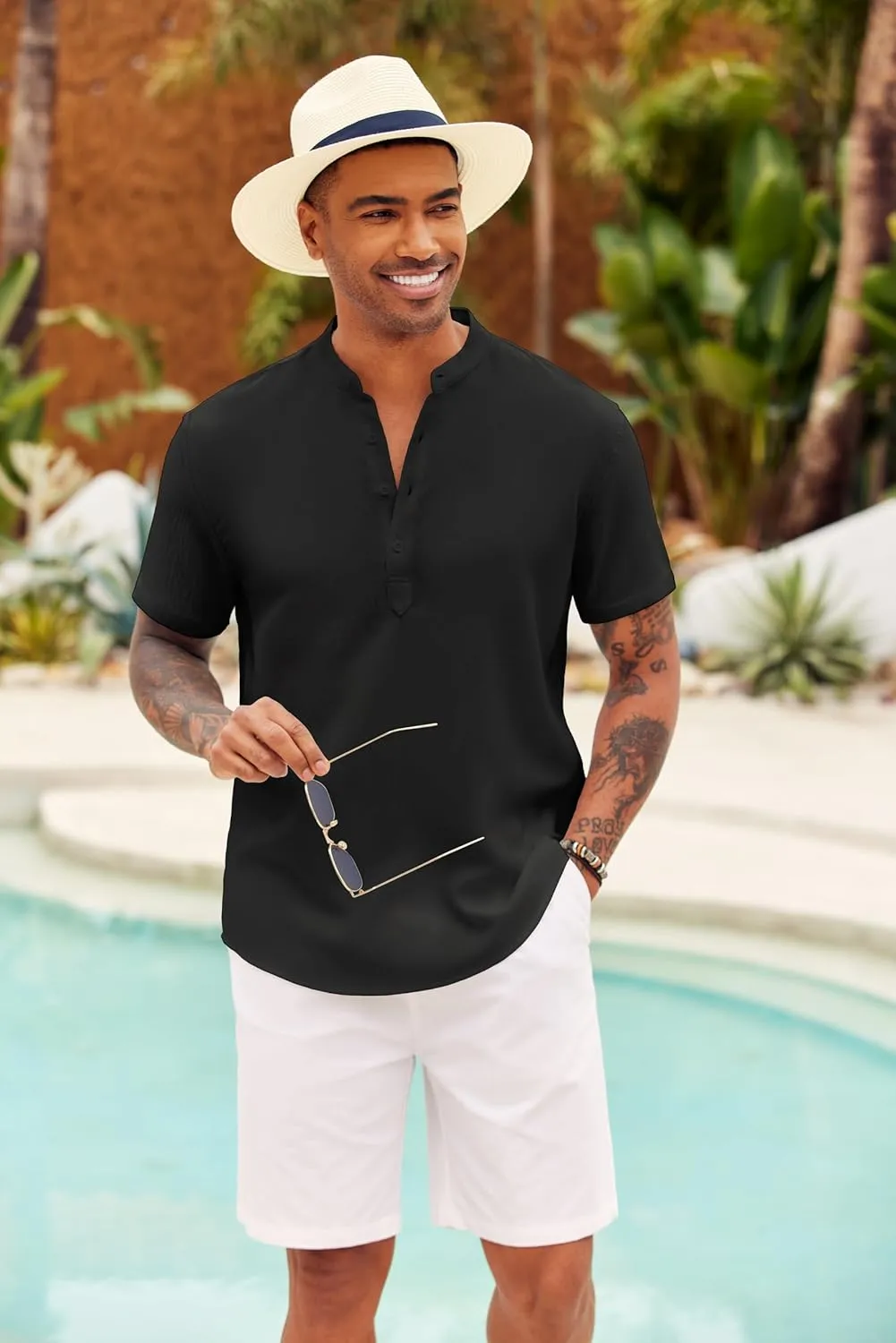 COOFANDY Men's Casual Henley Shirt Short Sleeve Summer Shirts Linen Band Collar Summer Beach Hippie T-Shirts