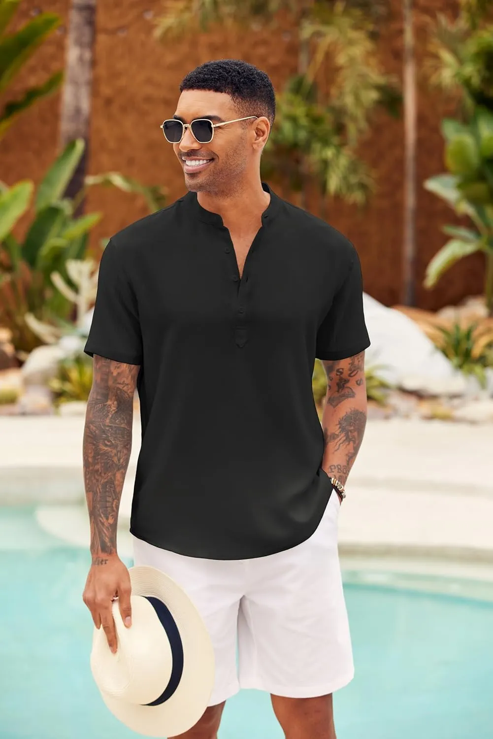 COOFANDY Men's Casual Henley Shirt Short Sleeve Summer Shirts Linen Band Collar Summer Beach Hippie T-Shirts