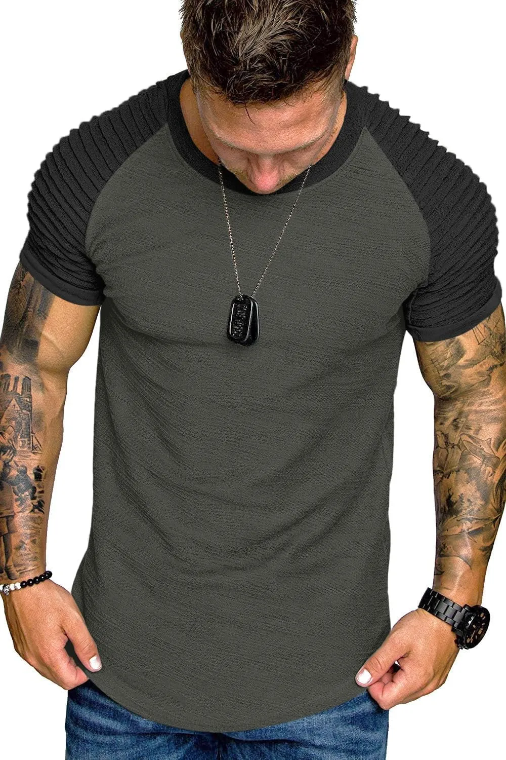 COOFANDY Men's Muscle T-Shirt Pleated Raglan Sleeve Bodybuilding Gym Tee Short Sleeve Fashion Workout Shirts Hipster Shirt
