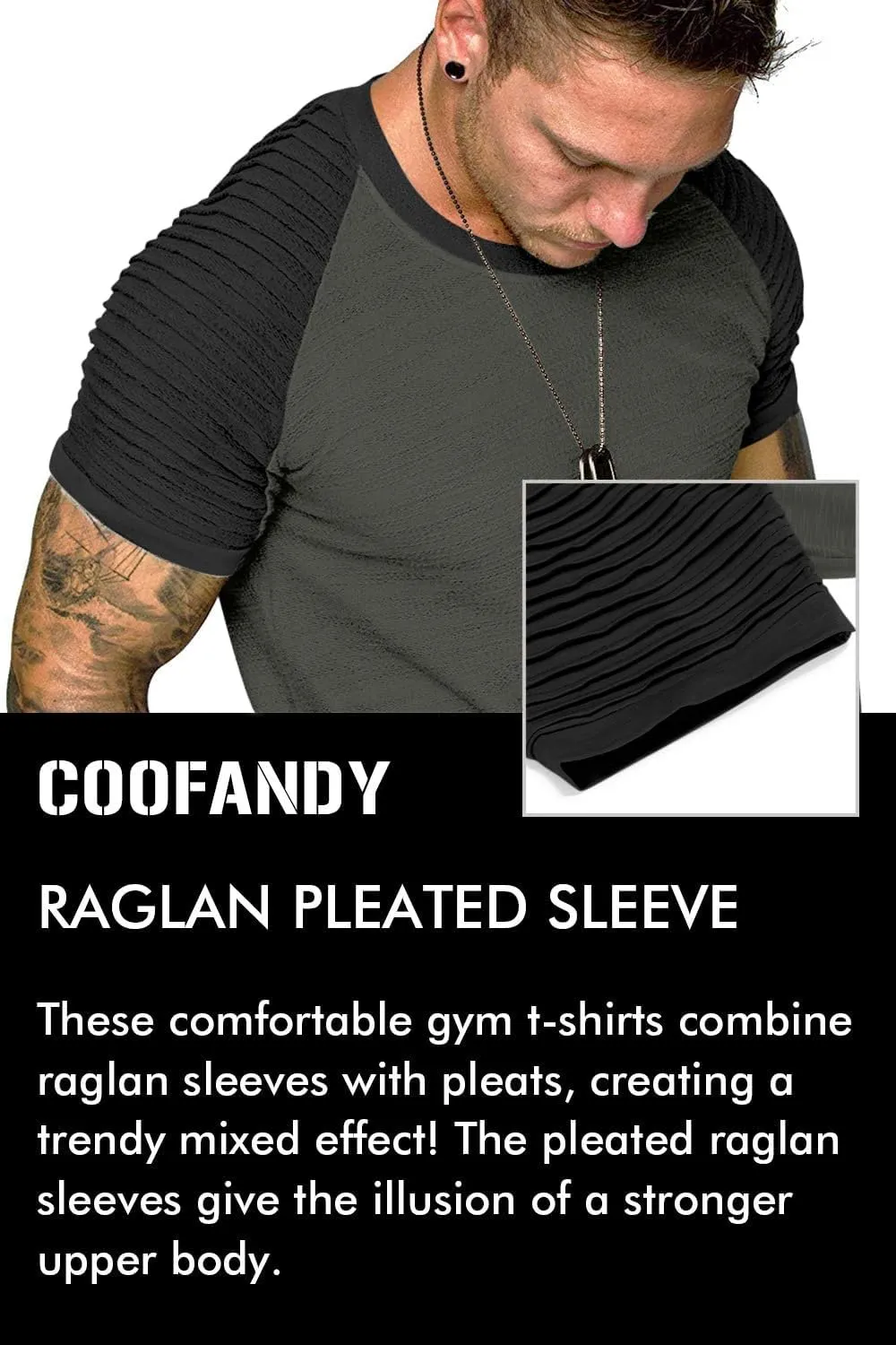 COOFANDY Men's Muscle T-Shirt Pleated Raglan Sleeve Bodybuilding Gym Tee Short Sleeve Fashion Workout Shirts Hipster Shirt