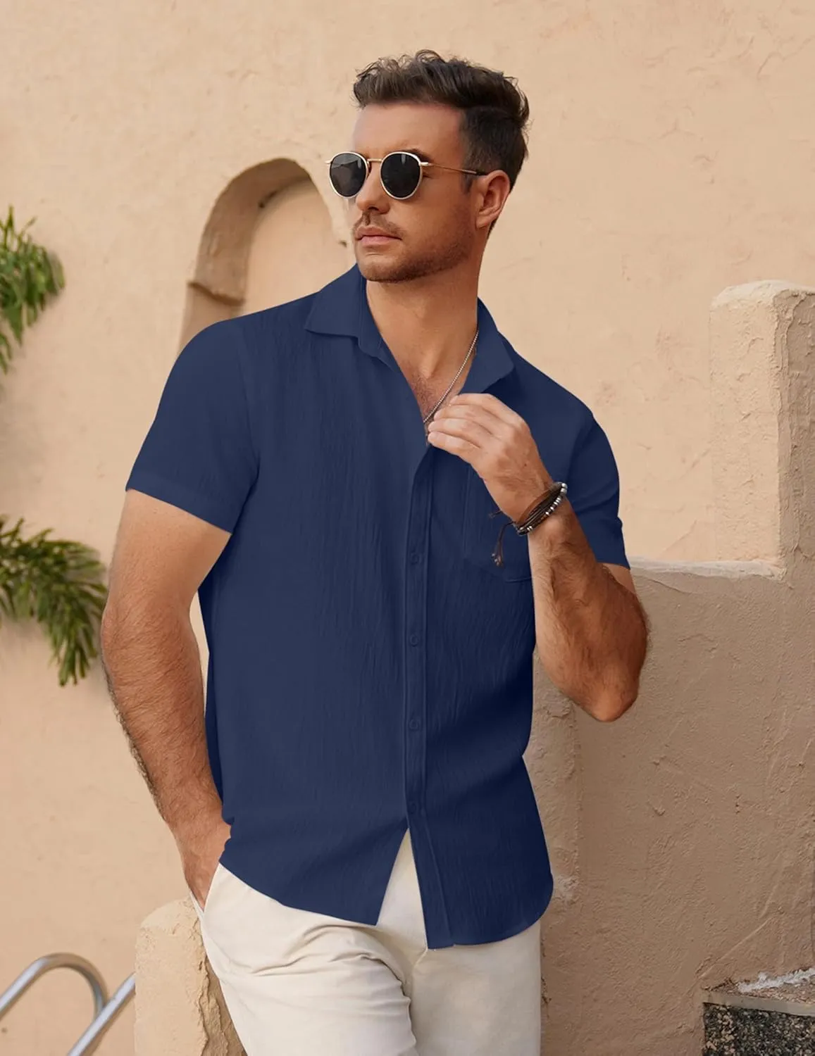 COOFANDY Men's Short Sleeve Button Down Shirt Casual Summer Beach Untucked Vacation Textured Shirts with Pocket