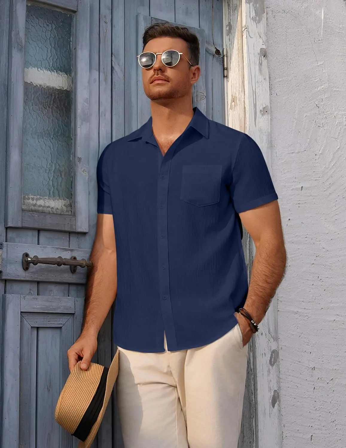 COOFANDY Men's Short Sleeve Button Down Shirt Casual Summer Beach Untucked Vacation Textured Shirts with Pocket
