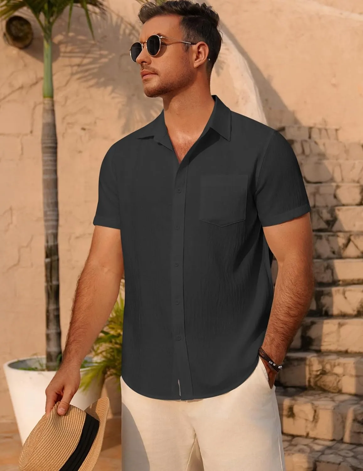 COOFANDY Men's Short Sleeve Button Down Shirt Casual Summer Beach Untucked Vacation Textured Shirts with Pocket