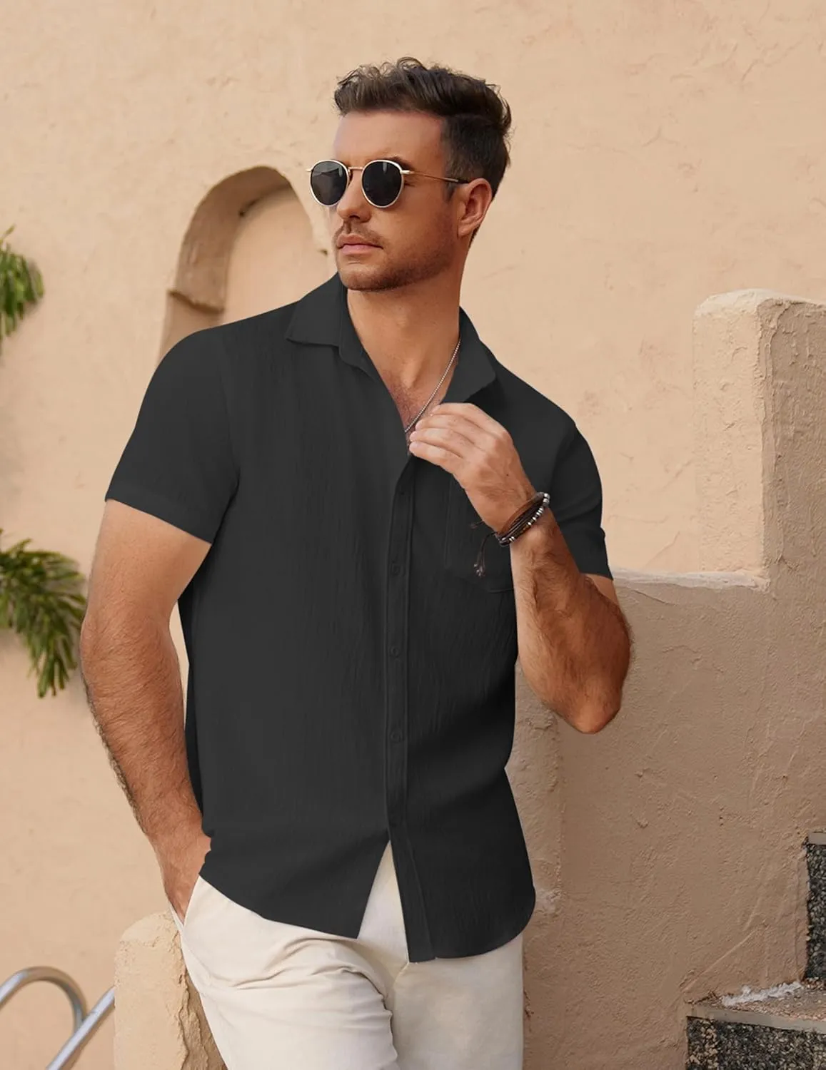 COOFANDY Men's Short Sleeve Button Down Shirt Casual Summer Beach Untucked Vacation Textured Shirts with Pocket