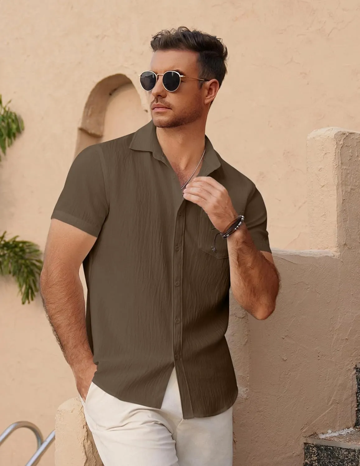 COOFANDY Men's Short Sleeve Button Down Shirt Casual Summer Beach Untucked Vacation Textured Shirts with Pocket