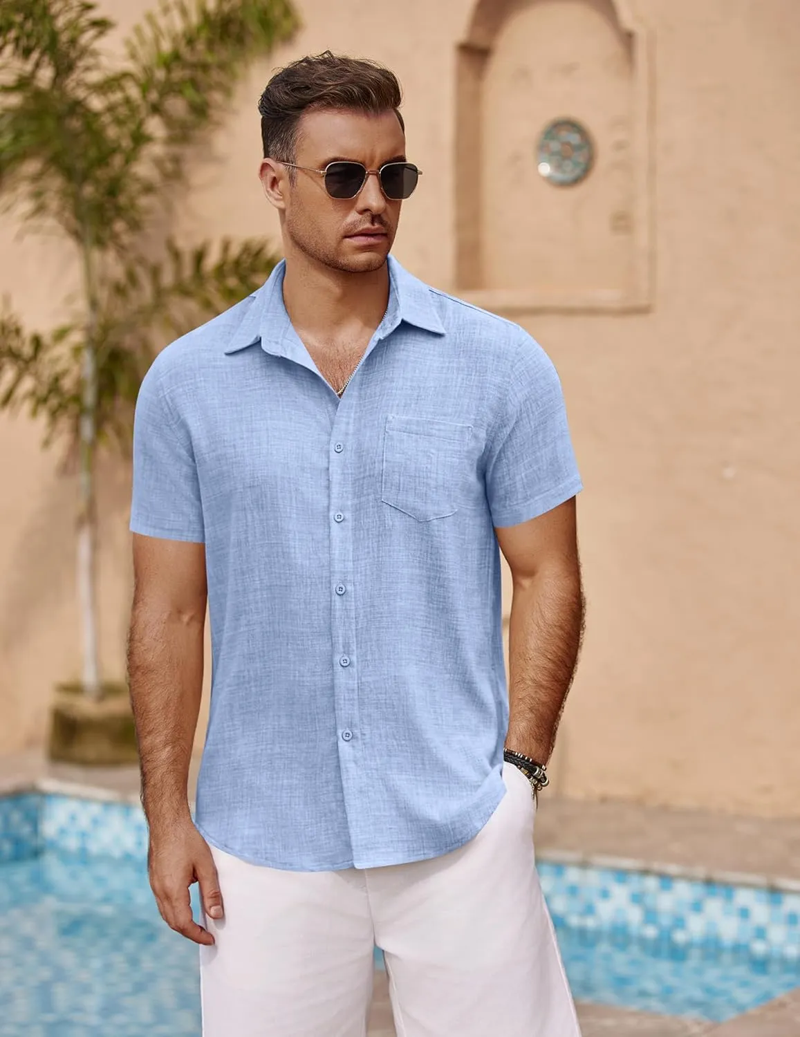 COOFANDY Men's Short Sleeve Button Down Shirt Casual Summer Beach Untucked Vacation Textured Shirts with Pocket