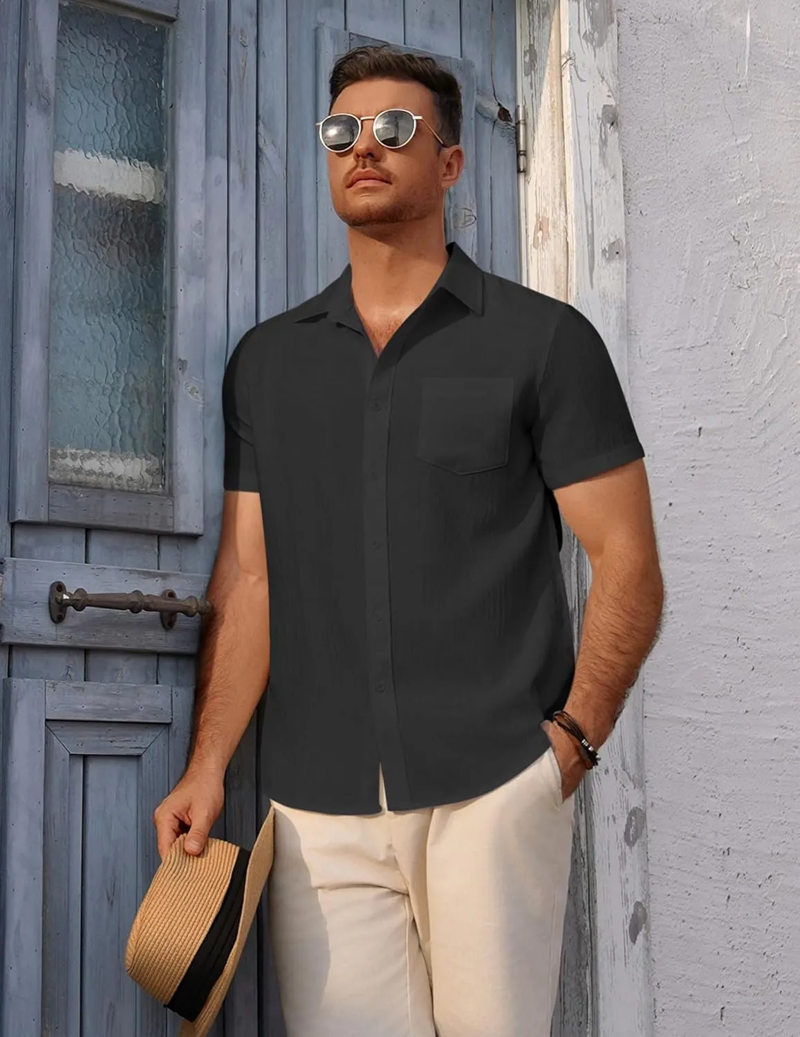 COOFANDY Men's Short Sleeve Button Down Shirt Casual Summer Beach Untucked Vacation Textured Shirts with Pocket