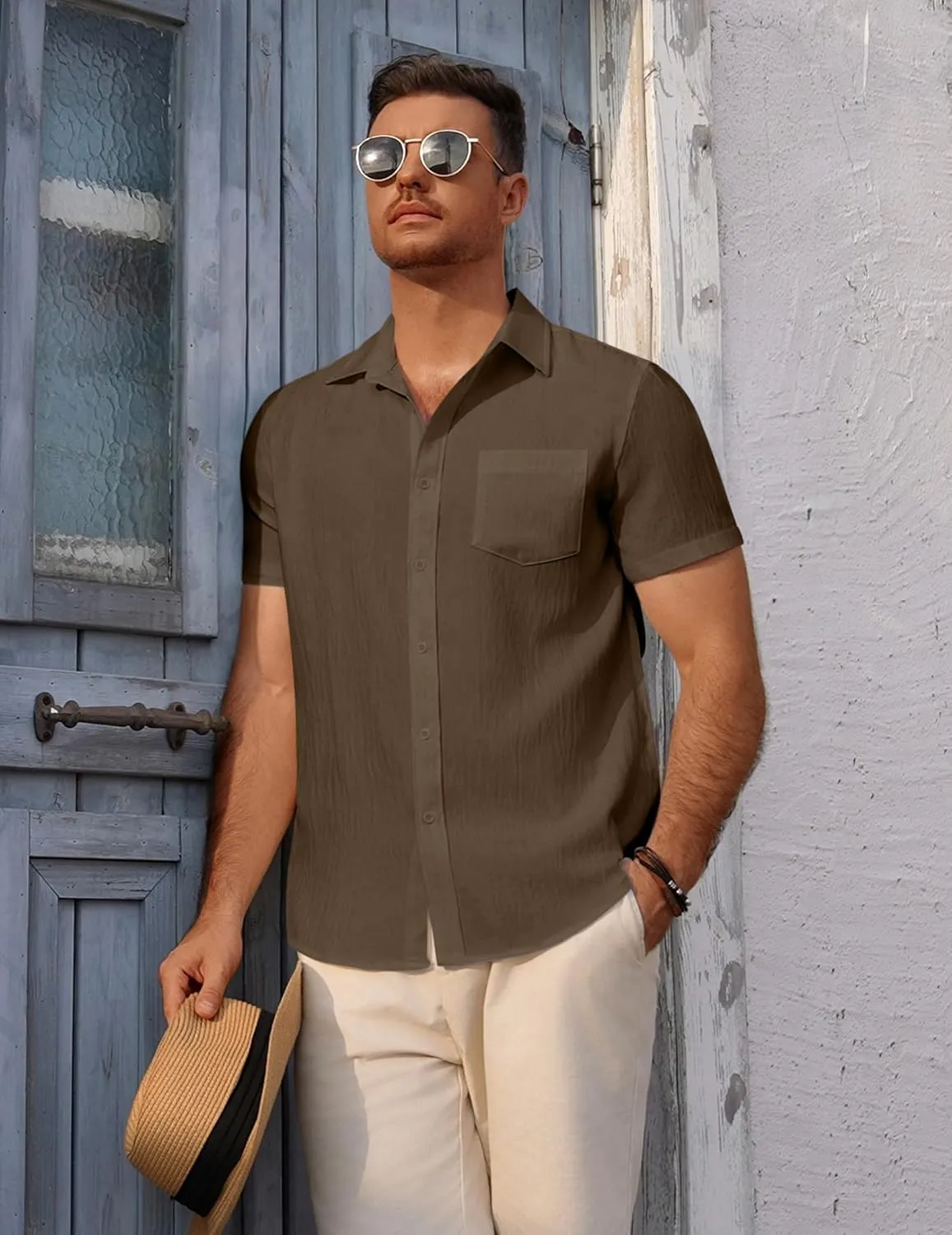 COOFANDY Men's Short Sleeve Button Down Shirt Casual Summer Beach Untucked Vacation Textured Shirts with Pocket