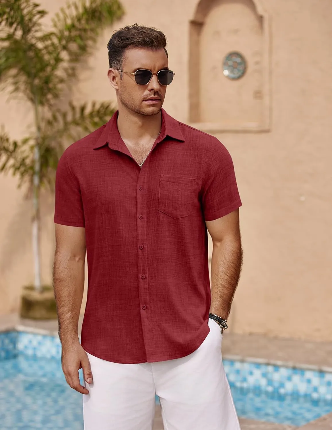 COOFANDY Men's Short Sleeve Button Down Shirt Casual Summer Beach Untucked Vacation Textured Shirts with Pocket