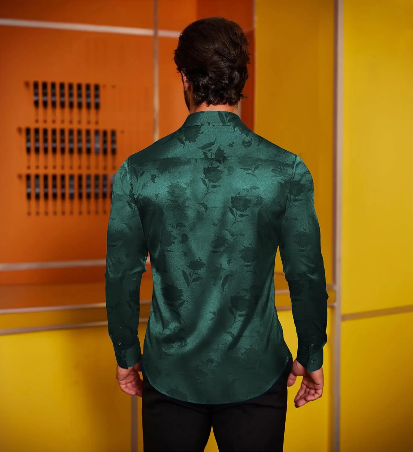 COOFANDY Men's Silk Satin Dress Shirts Jacquard Long Sleeve Floral Button Up Shirts Party Prom Wedding Shirt