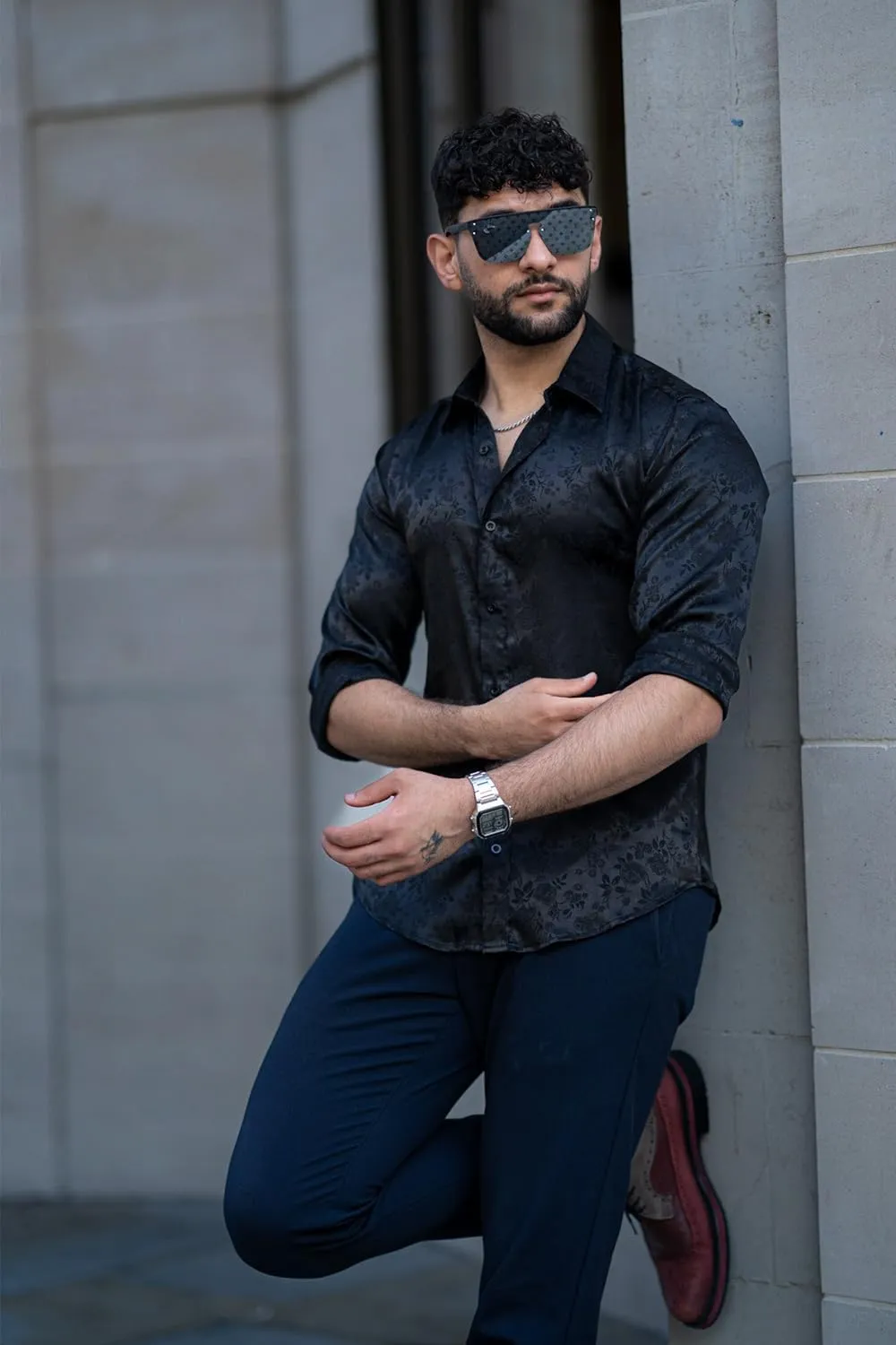COOFANDY Men's Silk Satin Dress Shirts Jacquard Long Sleeve Floral Button Up Shirts Party Prom Wedding Shirt