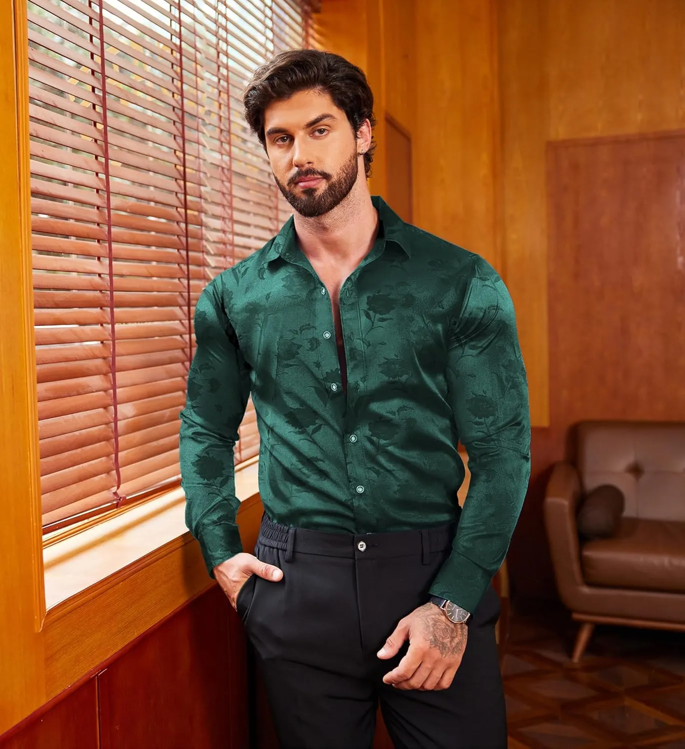 COOFANDY Men's Silk Satin Dress Shirts Jacquard Long Sleeve Floral Button Up Shirts Party Prom Wedding Shirt