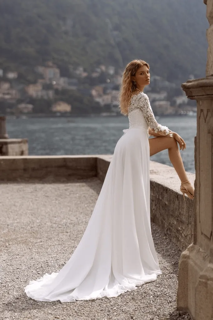 Corset Back Wedding Dress - Long Sleeves Wedding Dress with High Slit - Aline Wedding Dress with Lace Sleeves Plus Size