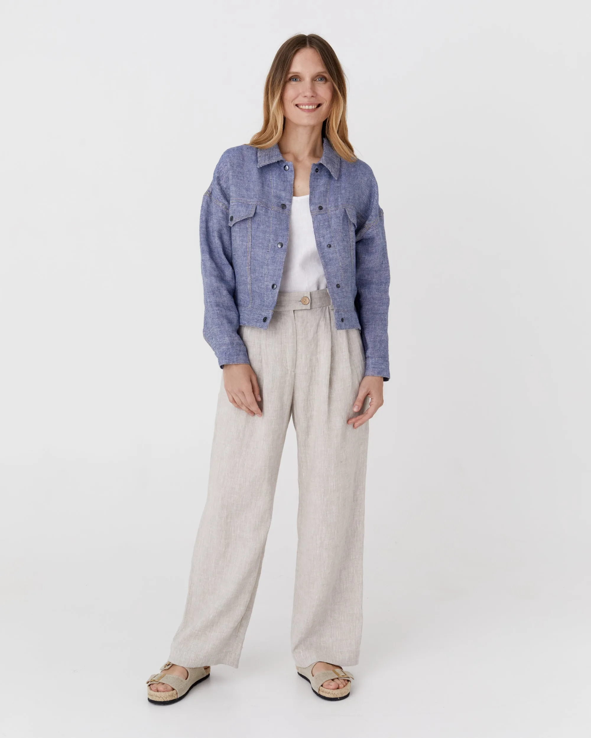 Cropped linen jacket LEURA in Denim