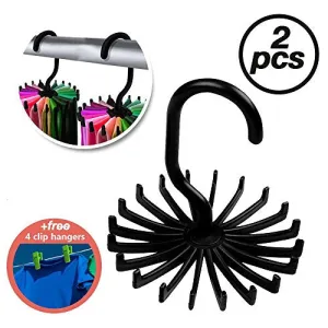 Cross Tie Hanger | Set of 2 Black Non-Slip Rotating Accessories Rack with 20 Premium Hooks for Storage Closet Wardrobe Holder | Excellent To Organize Men Scarf Necktie Belt with 4 Pcs Clip Hanger
