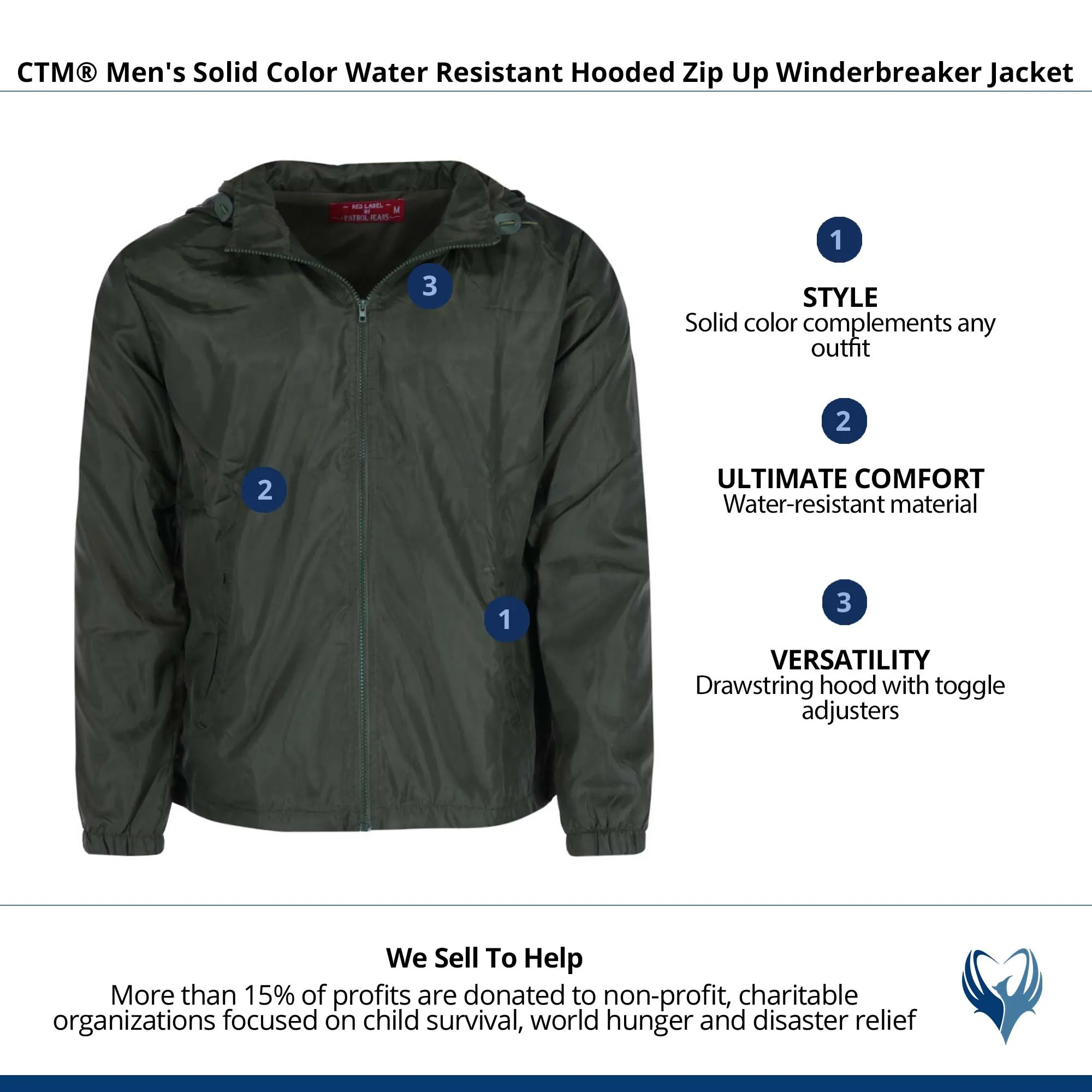 CTM® Men's Solid Color Water Resistant Hooded Zip Up Winderbreaker Jacket