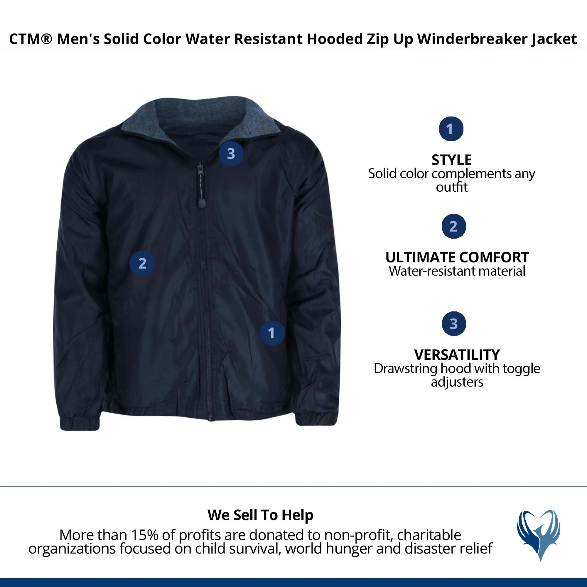 CTM® Men's Solid Color Water Resistant Hooded Zip Up Winderbreaker Jacket
