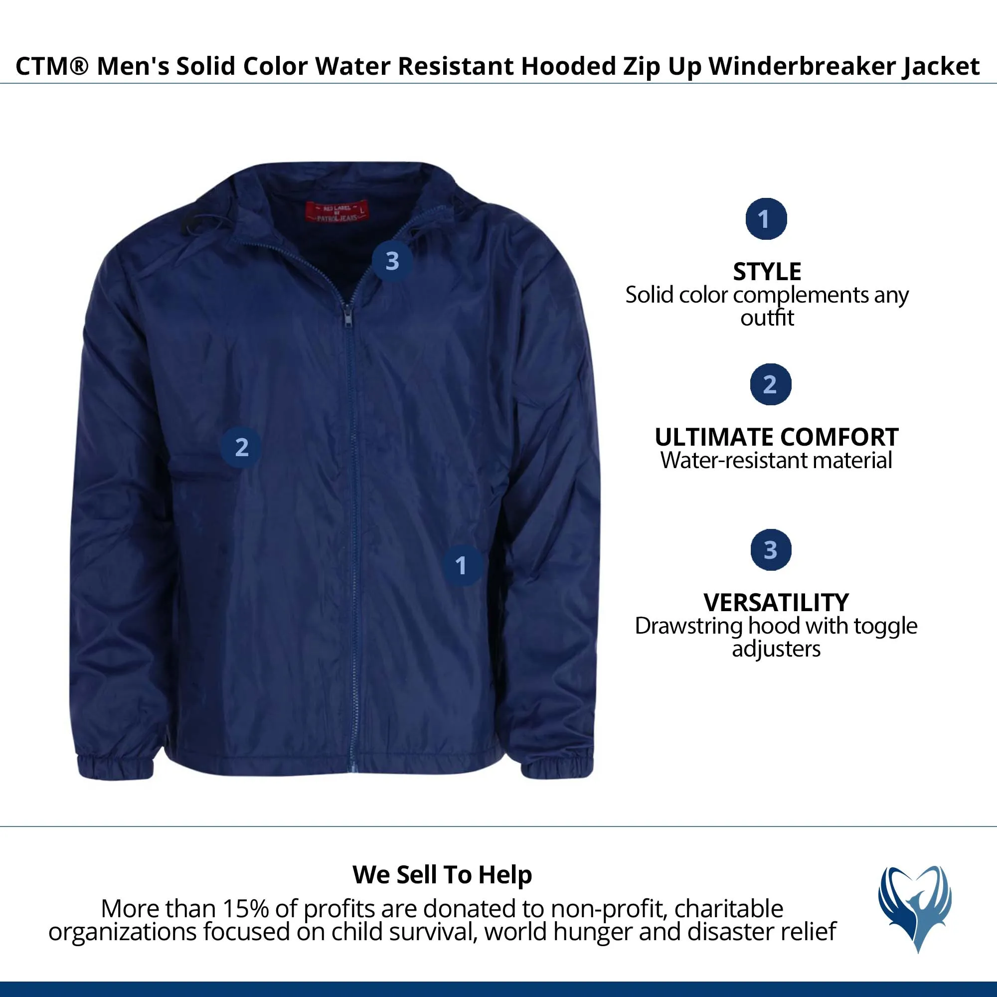 CTM® Men's Solid Color Water Resistant Hooded Zip Up Winderbreaker Jacket