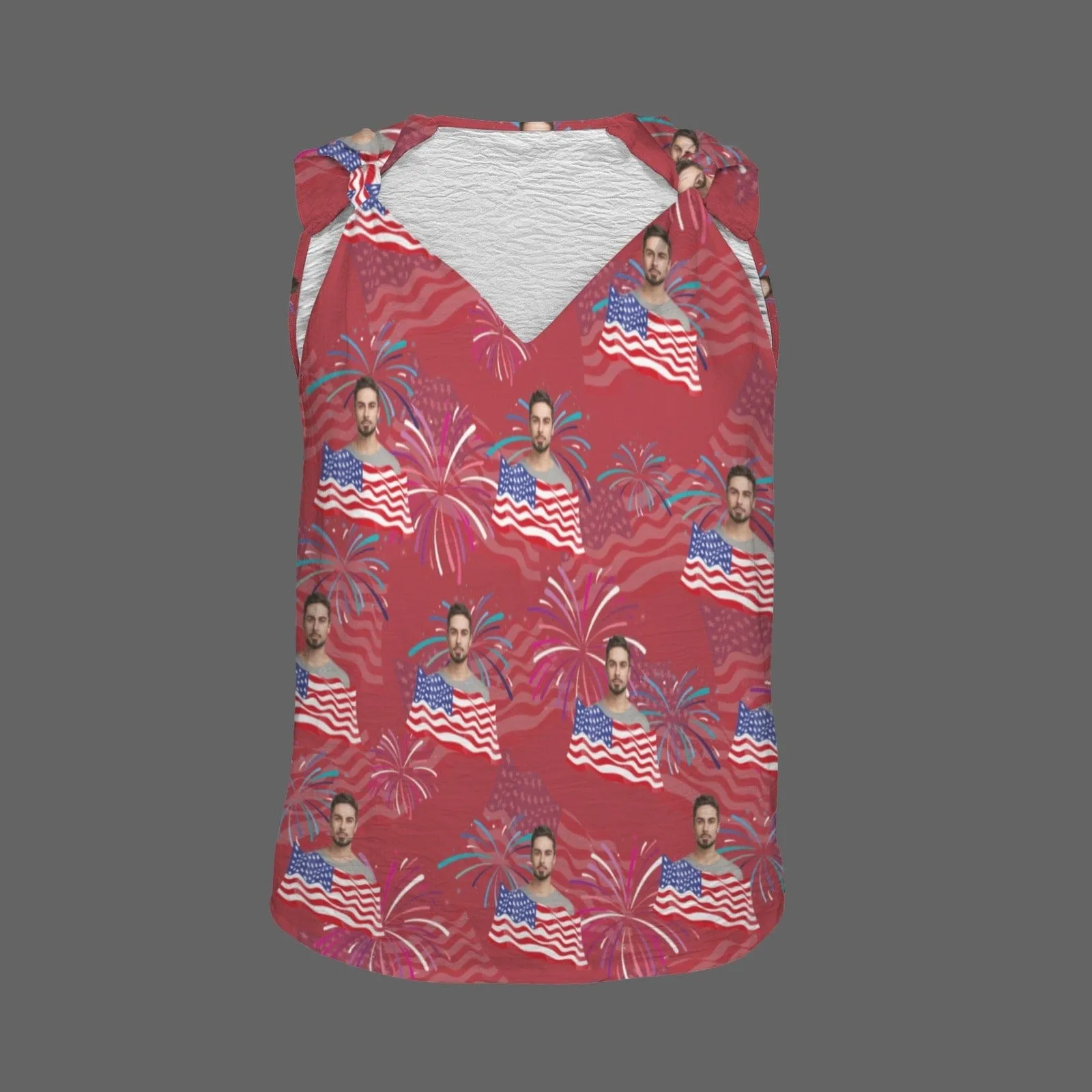 Custom Face Flag Fireworks Top Personalized V-Neck Knotted Sleeveless Tank Tops for Women