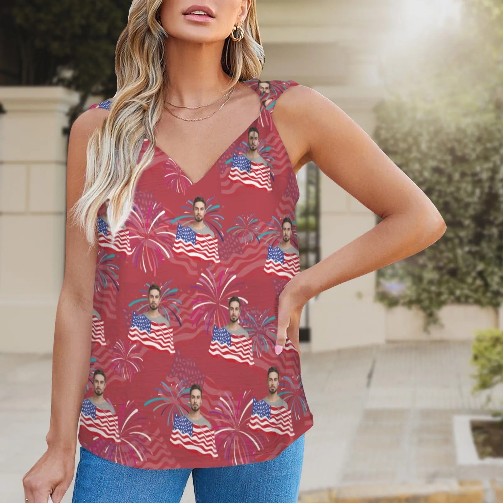 Custom Face Flag Fireworks Top Personalized V-Neck Knotted Sleeveless Tank Tops for Women