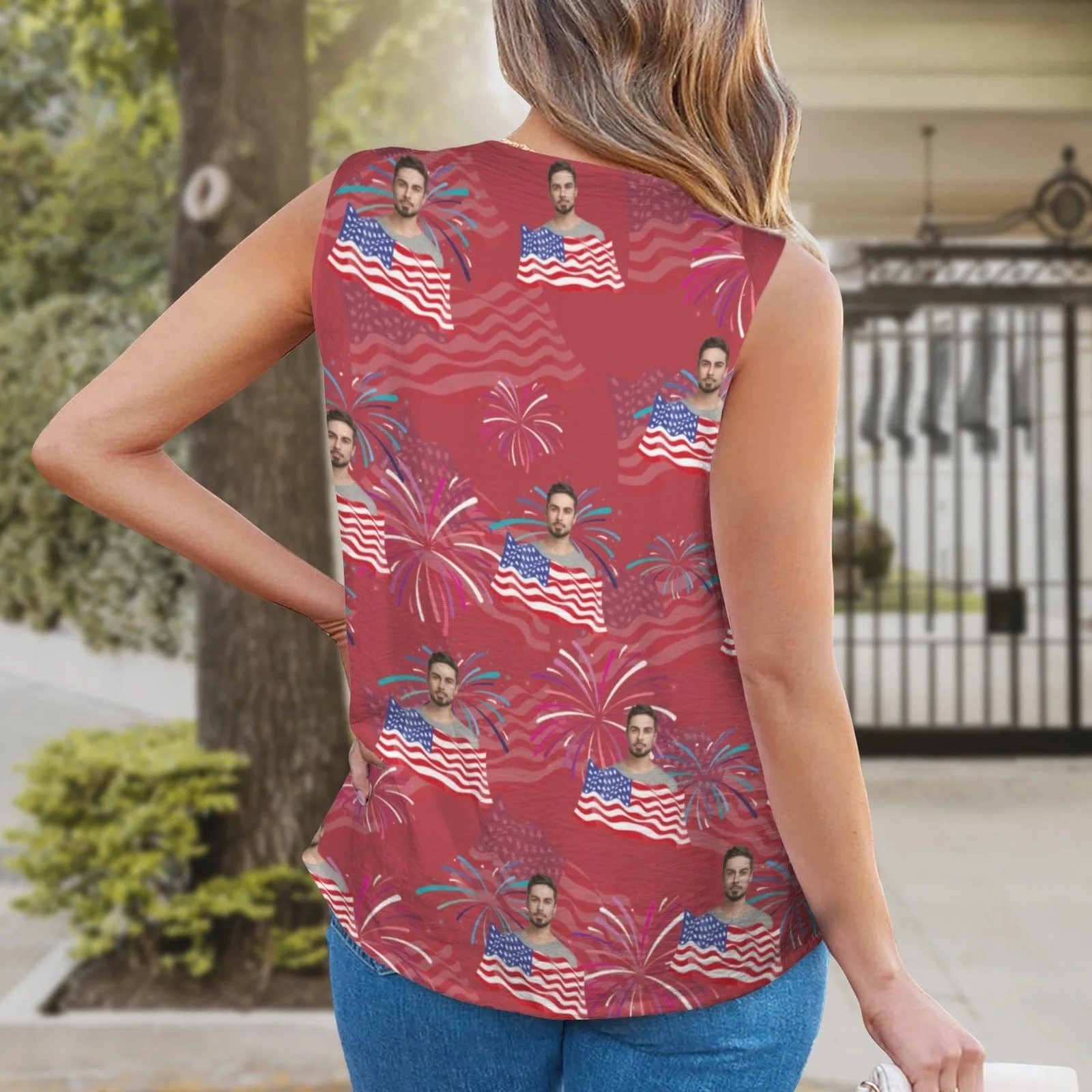 Custom Face Flag Fireworks Top Personalized V-Neck Knotted Sleeveless Tank Tops for Women