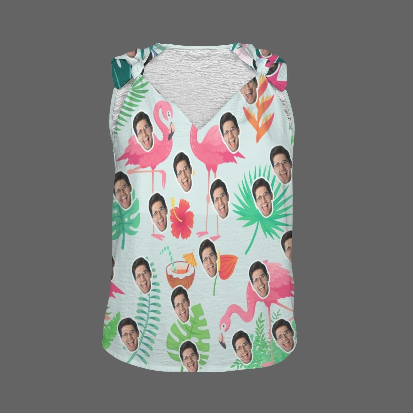 Custom Face&Text Flamingo Top Personalized V-Neck Knotted Sleeveless Tank Tops for Women