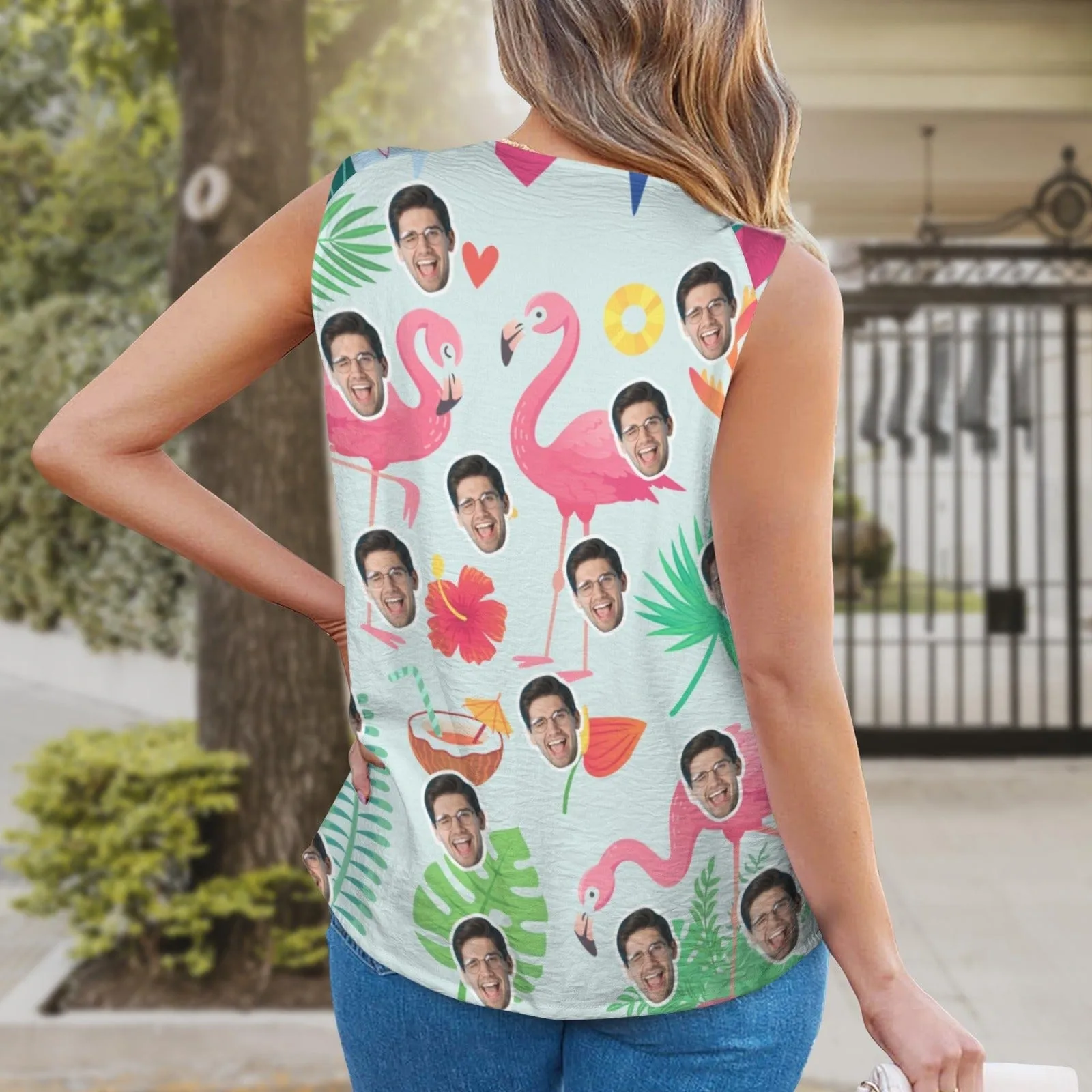 Custom Face&Text Flamingo Top Personalized V-Neck Knotted Sleeveless Tank Tops for Women