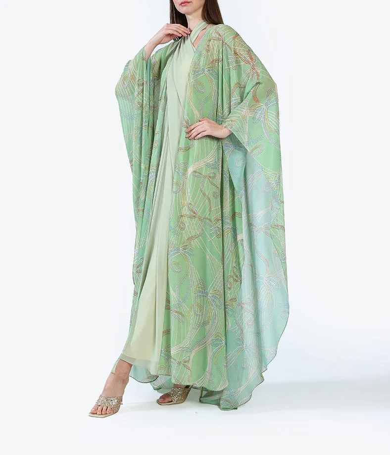 Custom-Printed Light Chiffon Bisht with Flowing Ribbons