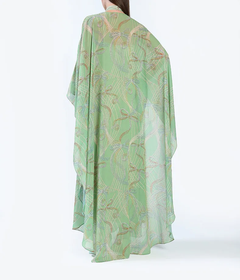 Custom-Printed Light Chiffon Bisht with Flowing Ribbons