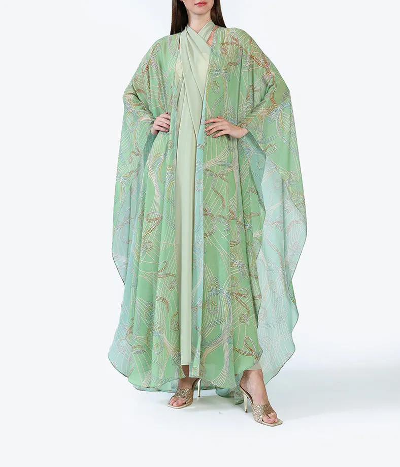 Custom-Printed Light Chiffon Bisht with Flowing Ribbons