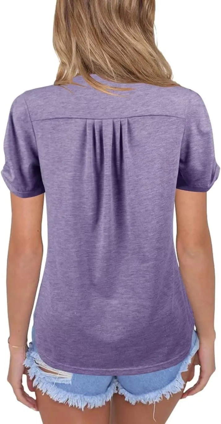 Dailiup Women's Casual V Neck T-Shirts Short Sleeve Summer Cute Tunic Tops Tees Loose Solid Basic Blouses