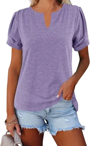 Dailiup Women's Casual V Neck T-Shirts Short Sleeve Summer Cute Tunic Tops Tees Loose Solid Basic Blouses