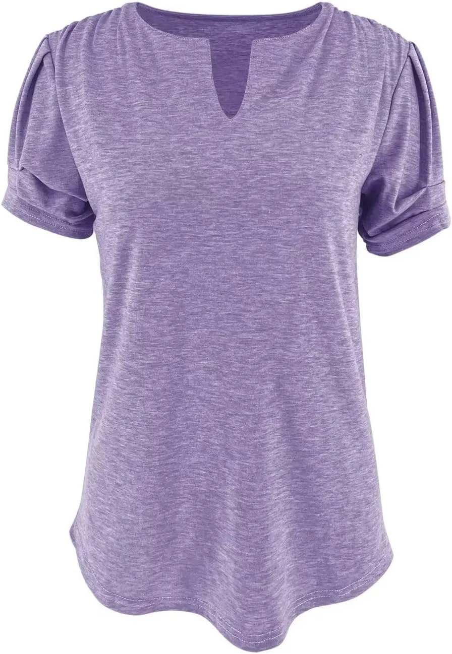 Dailiup Women's Casual V Neck T-Shirts Short Sleeve Summer Cute Tunic Tops Tees Loose Solid Basic Blouses